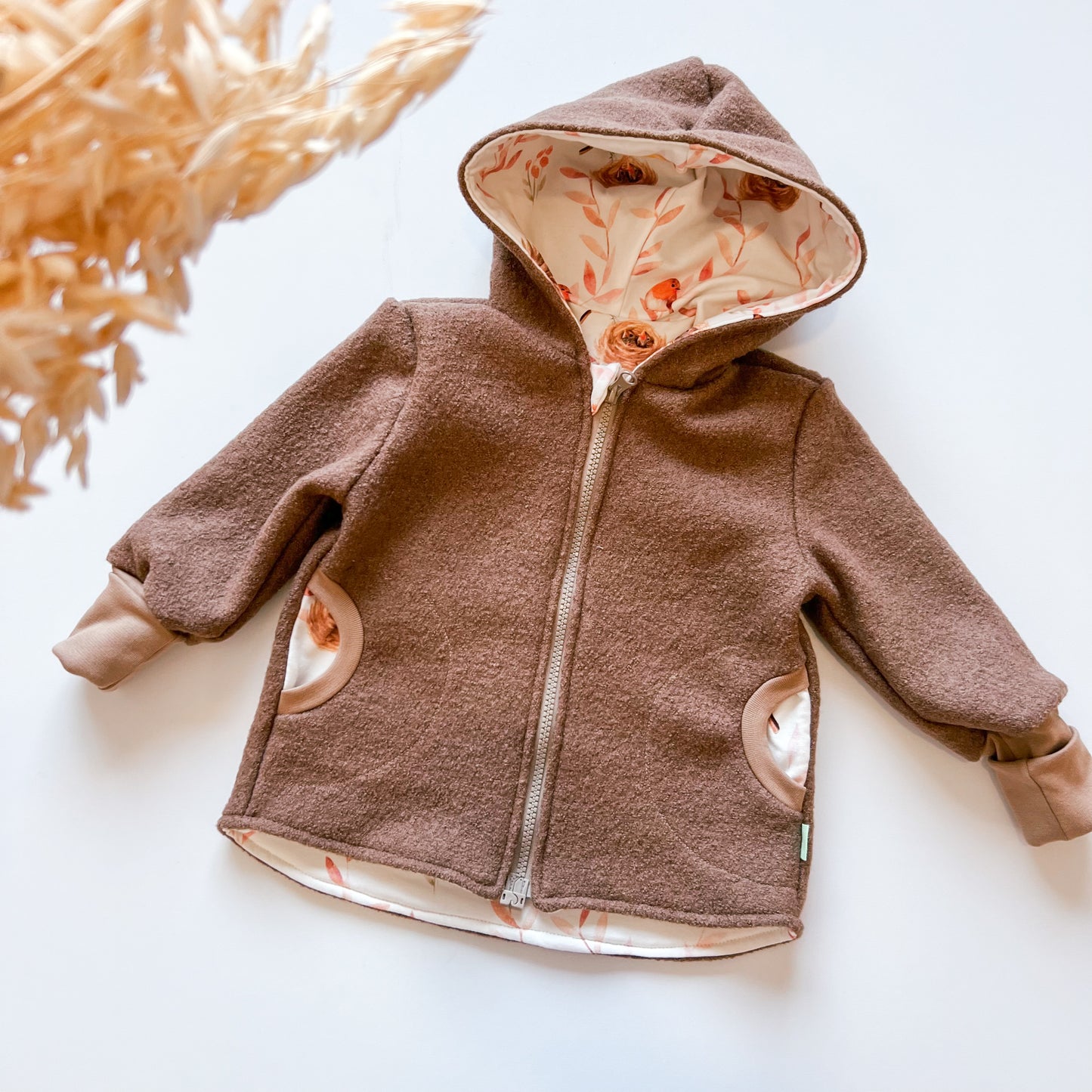 Montessori Walkjacke in braun und Vogel, magnetischen Reißverschluss