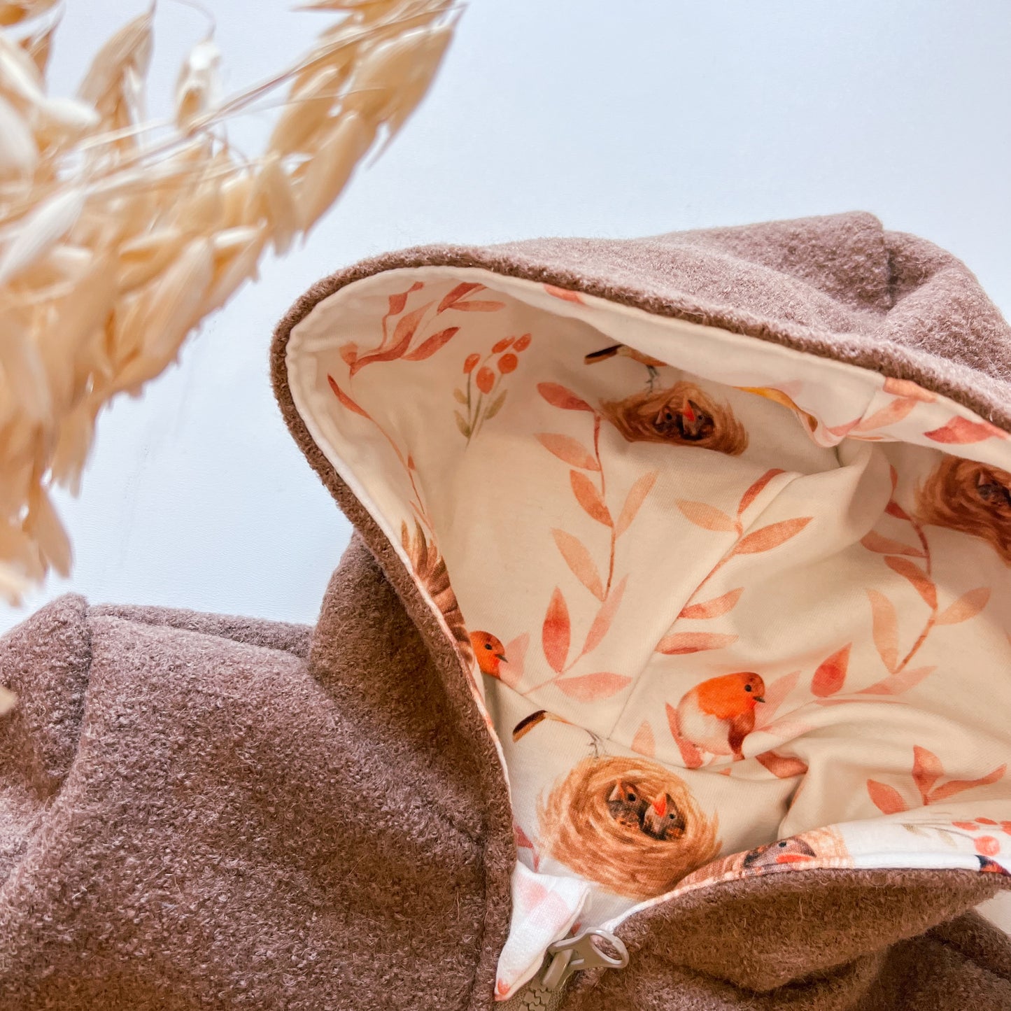 Montessori Walkjacke in braun und Vogel, magnetischen Reißverschluss