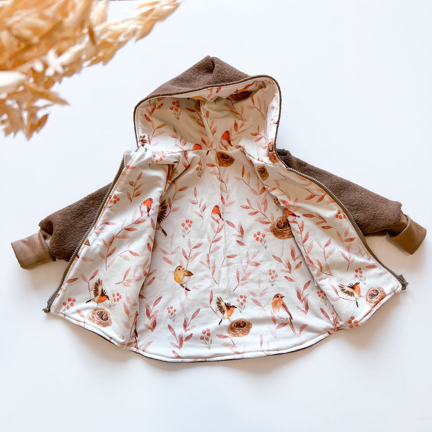 Montessori Walkjacke in braun und Vogel, magnetischen Reißverschluss