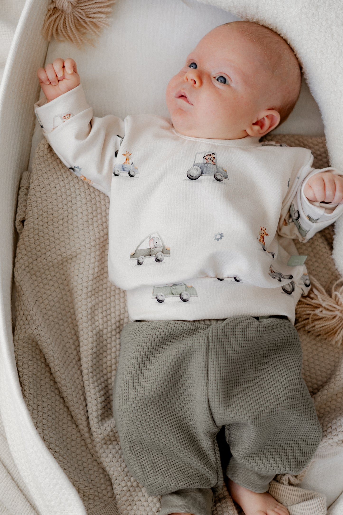 Baby Set Autos – Oversize Pulli in Olive und Pumphose