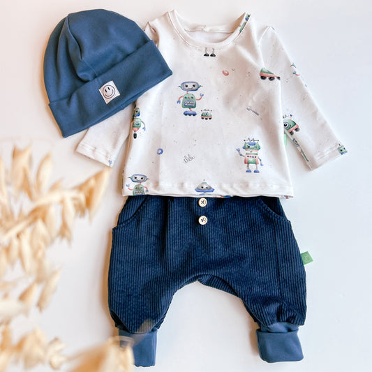 Baby und Kind Set Cord blau & Roboter