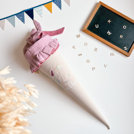 Schultüte personalisiert in Beige und Rosa