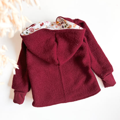 Montessori Walkjacke Rot mit Blumen, magnetischen Reißverschluss