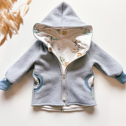 Montessori Walkjacke in Blau mit Dino, magnetischen Reißverschluss